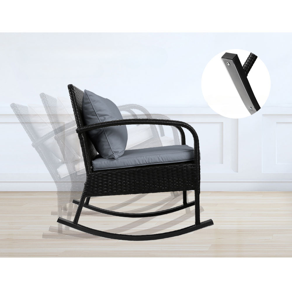 Rocking Wicker Chairs Table Outdoor Set Recliner Patio - Black and Grey