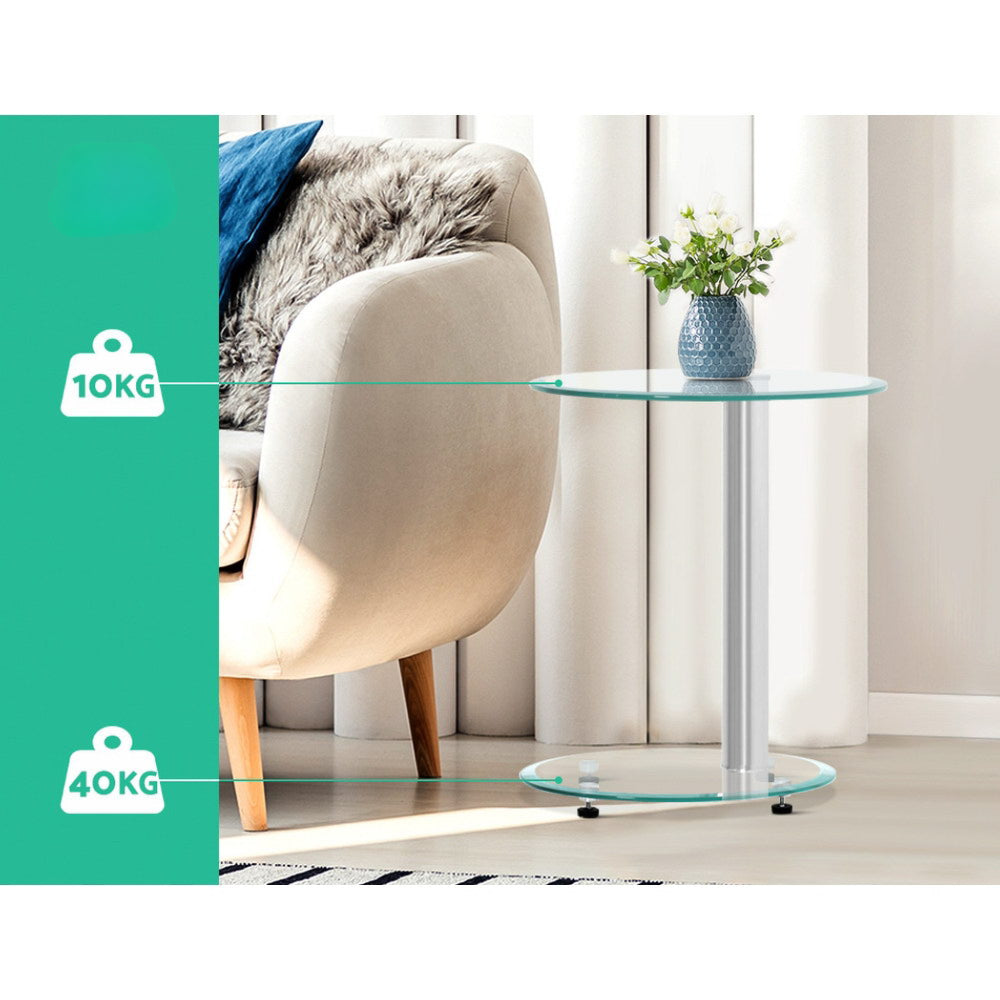 Side Coffee Table Bedside Furniture Oval Tempered Glass Top 2 Tier