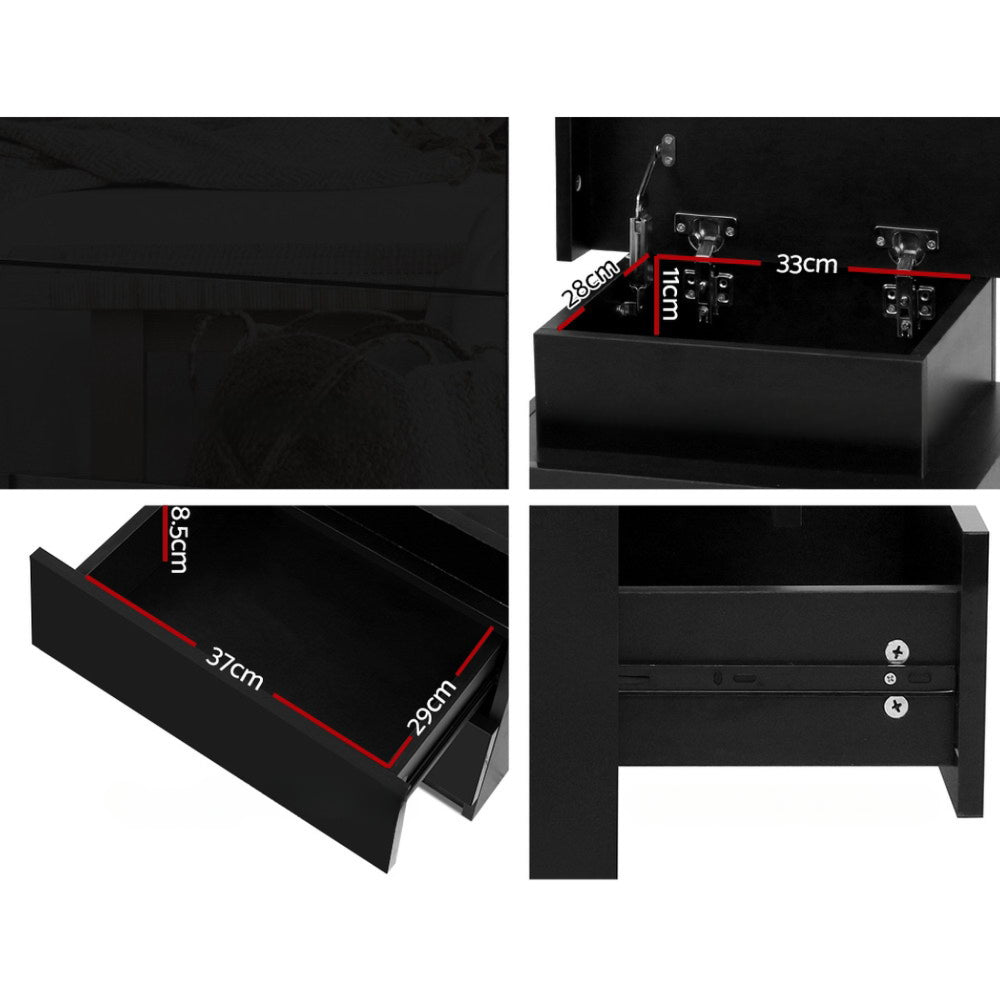 Bedside Tables Side Table 3 Drawers RGB LED High Gloss Nightstand Black