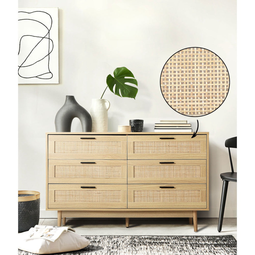 6 Chest of Drawers Rattan Tallboy Cabinet Bedroom Clothes Storage Wood