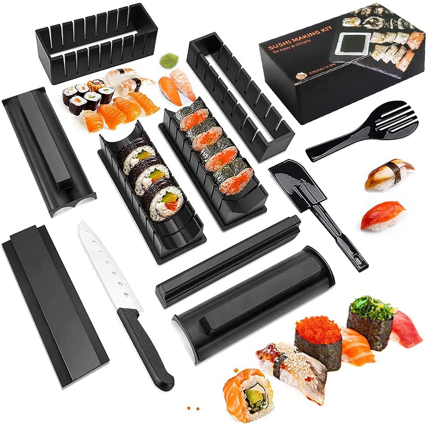 DIY Plastic Sushi Maker with Complete Sushi Set with 8 Sushi Rice Roll Mold 11 Pieces - Black
