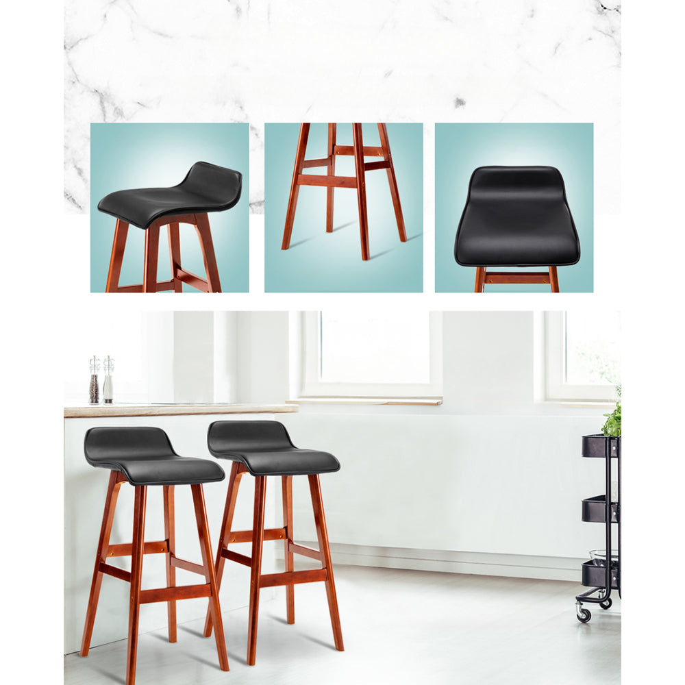 Set of 2 PU Leather Wood Wave Style Bar Stool - Black