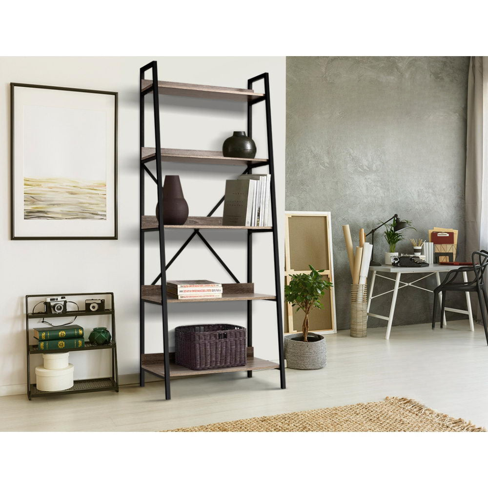 Bookshelf 5Tier Metal Bookcase Bookshelves Oak Book Shelf Display Storage