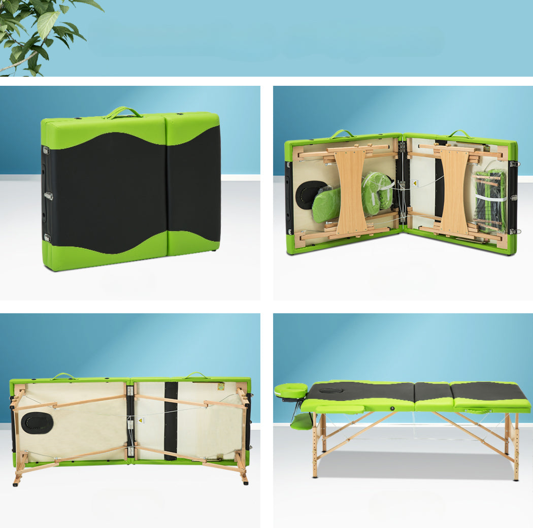 3 Fold Portable Wood Massage Table - Black & Lime