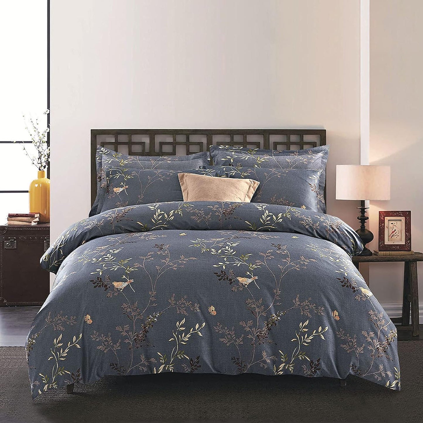 Soft Microfibre Tree Leaves Pattern Printed Quilt Cover Set - Dark Grey