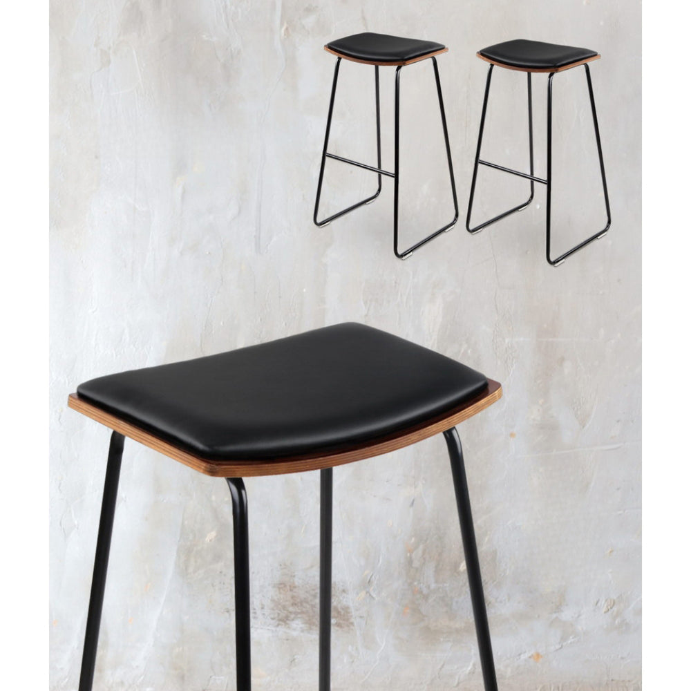 Set of 2 Backless PU Leather Bar Stools - Black and Wood