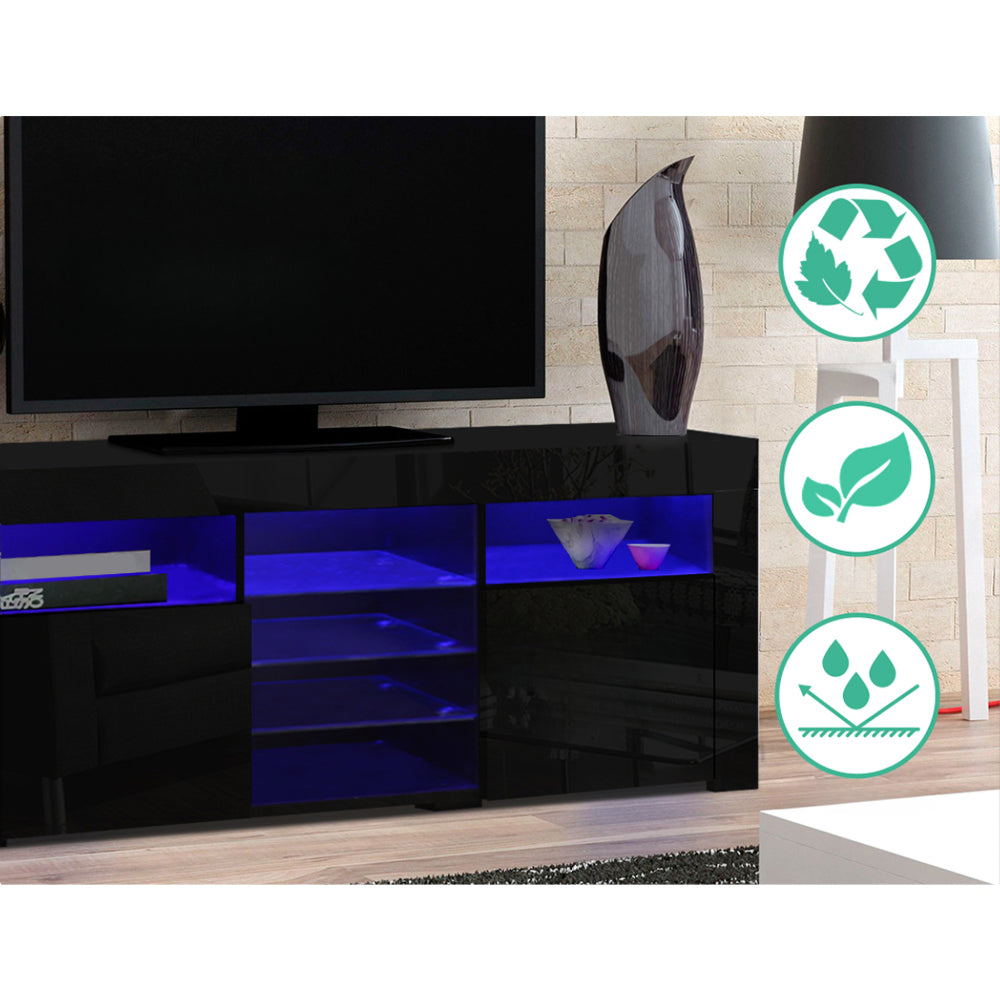 TV Cabinet Entertainment Unit Stand RGB LED Gloss 3 Doors 180cm Black
