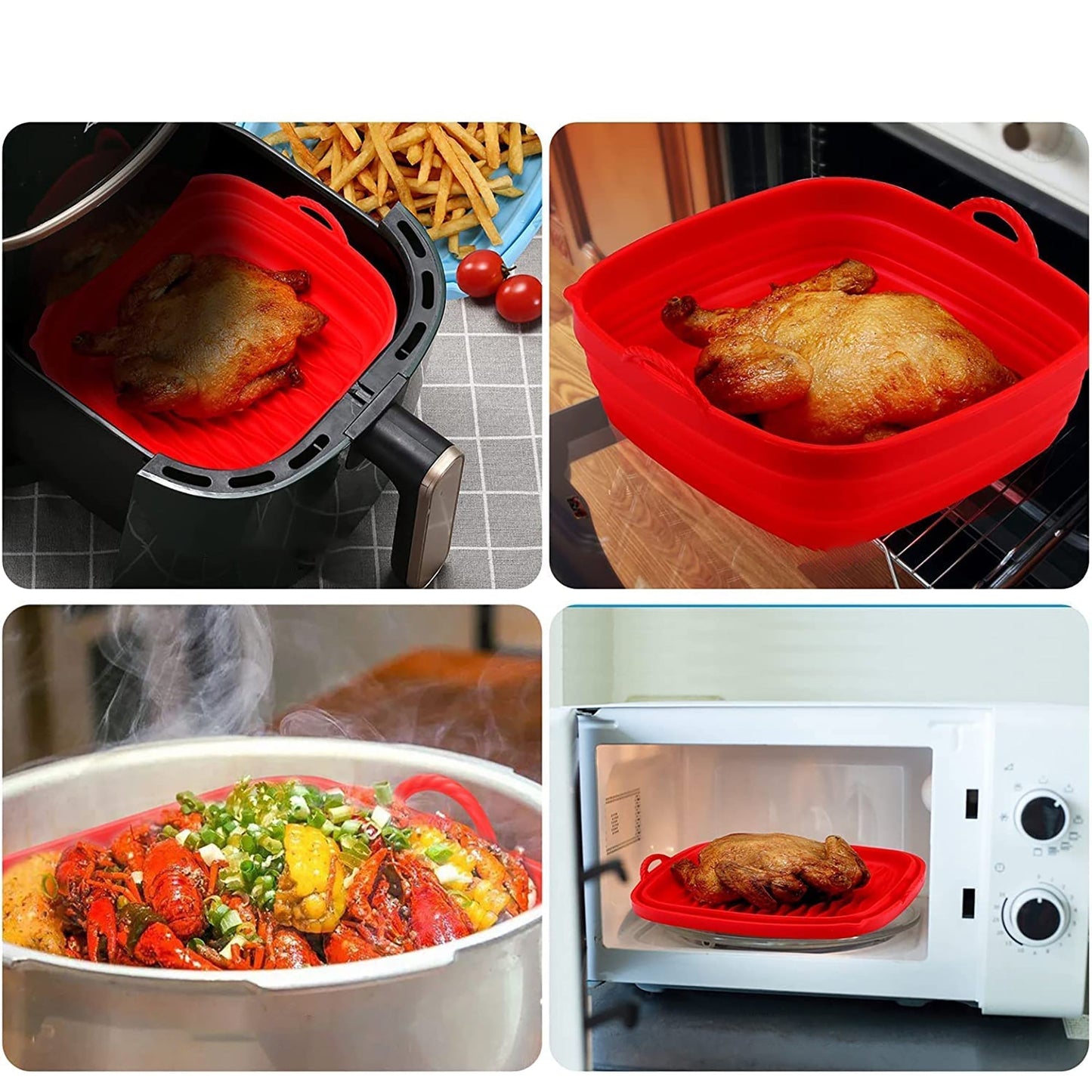 Air Fryer Silicone Pot Square Reusable Air Fryer Silicone Basket 8 Inch - Red