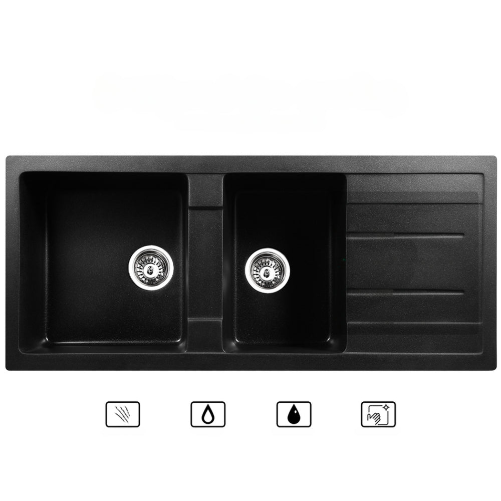 Stone Kitchen Sink 1160X500MM Granite Under/Topmount Basin Double Bowl Black