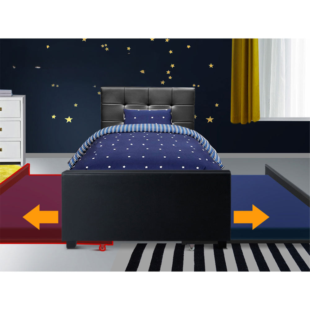 Trundle Bed Frame King Single Size Black Leather