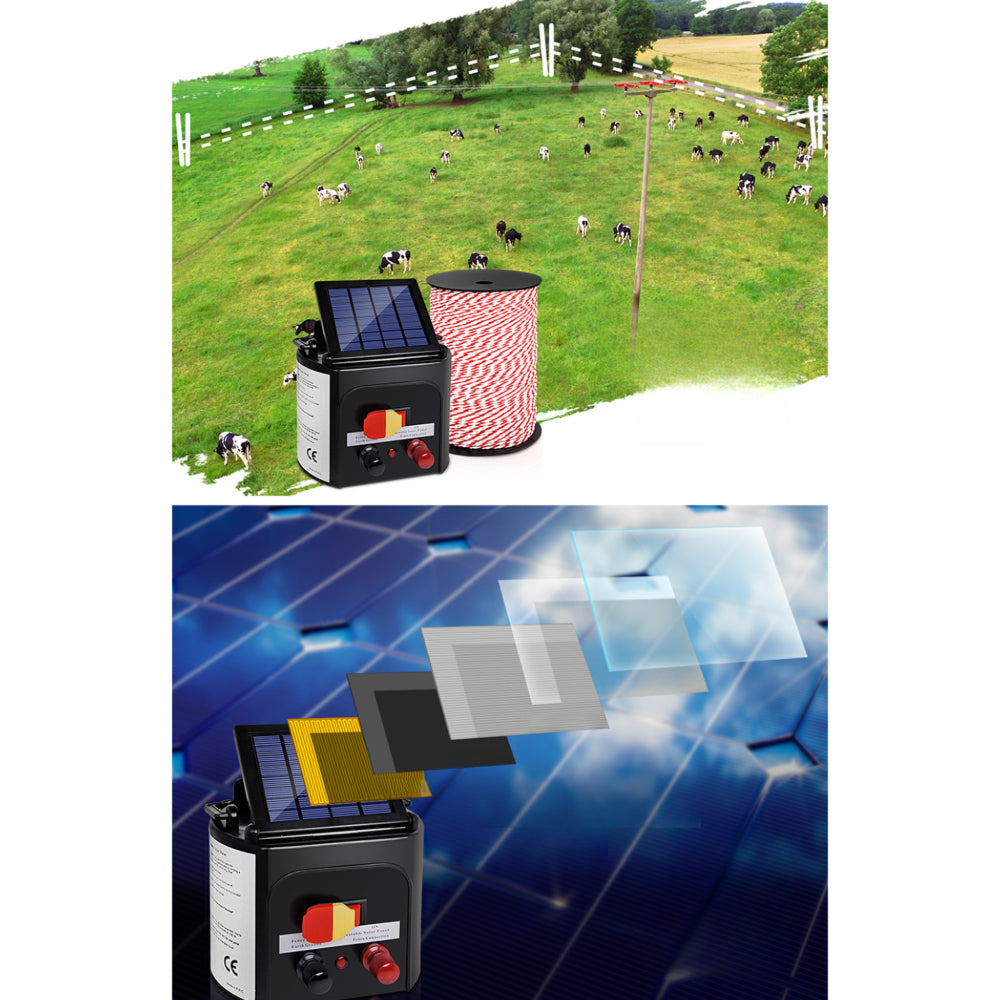Electric Fence Energiser Solar Powered Charger Polytape Rope - 3km
