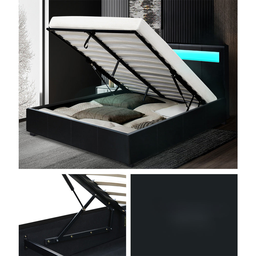 LED Bed Frame PU Leather Gas Lift Storage - Black Queen
