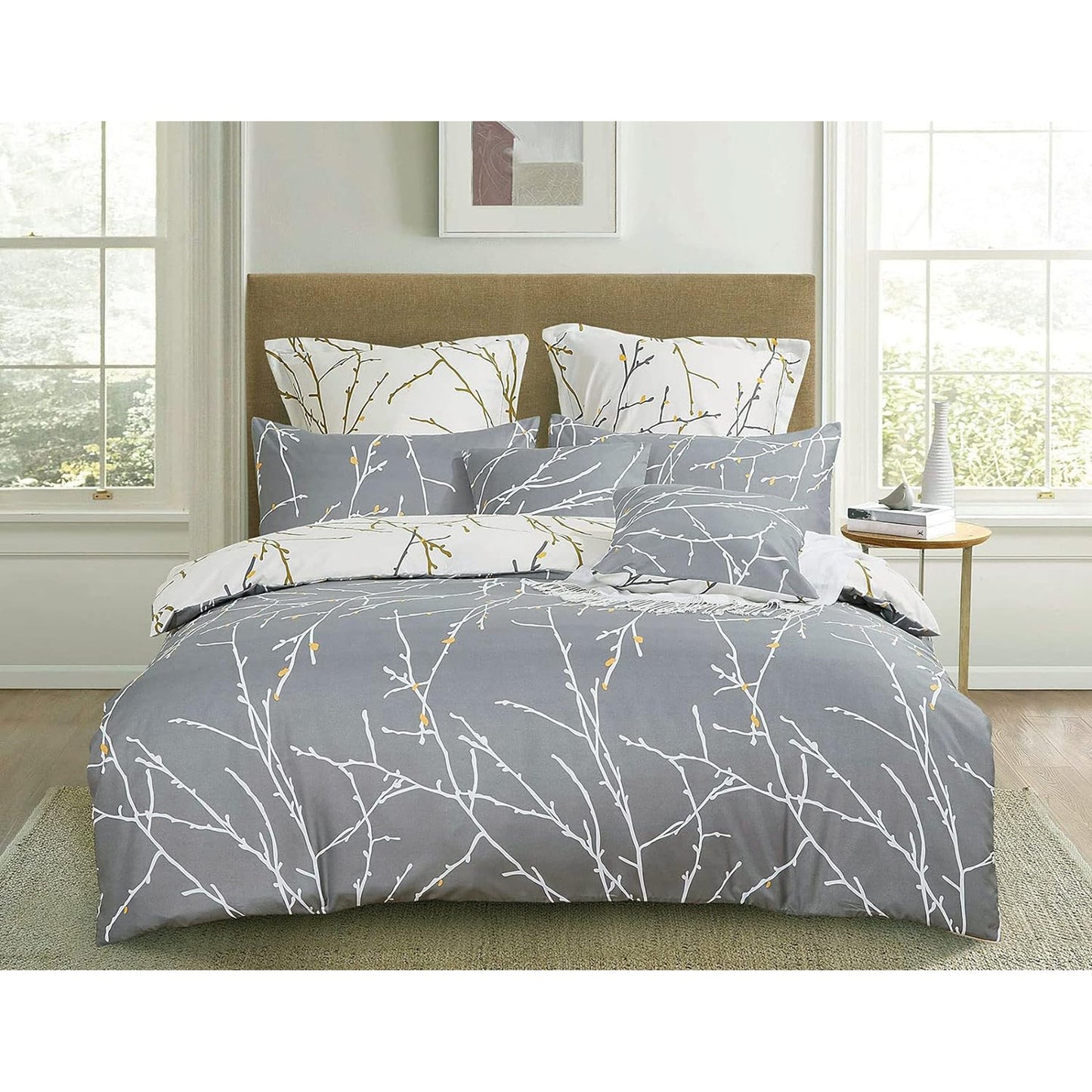Polyester Reversible Quilt Cover Set - Tree Grey and Beige