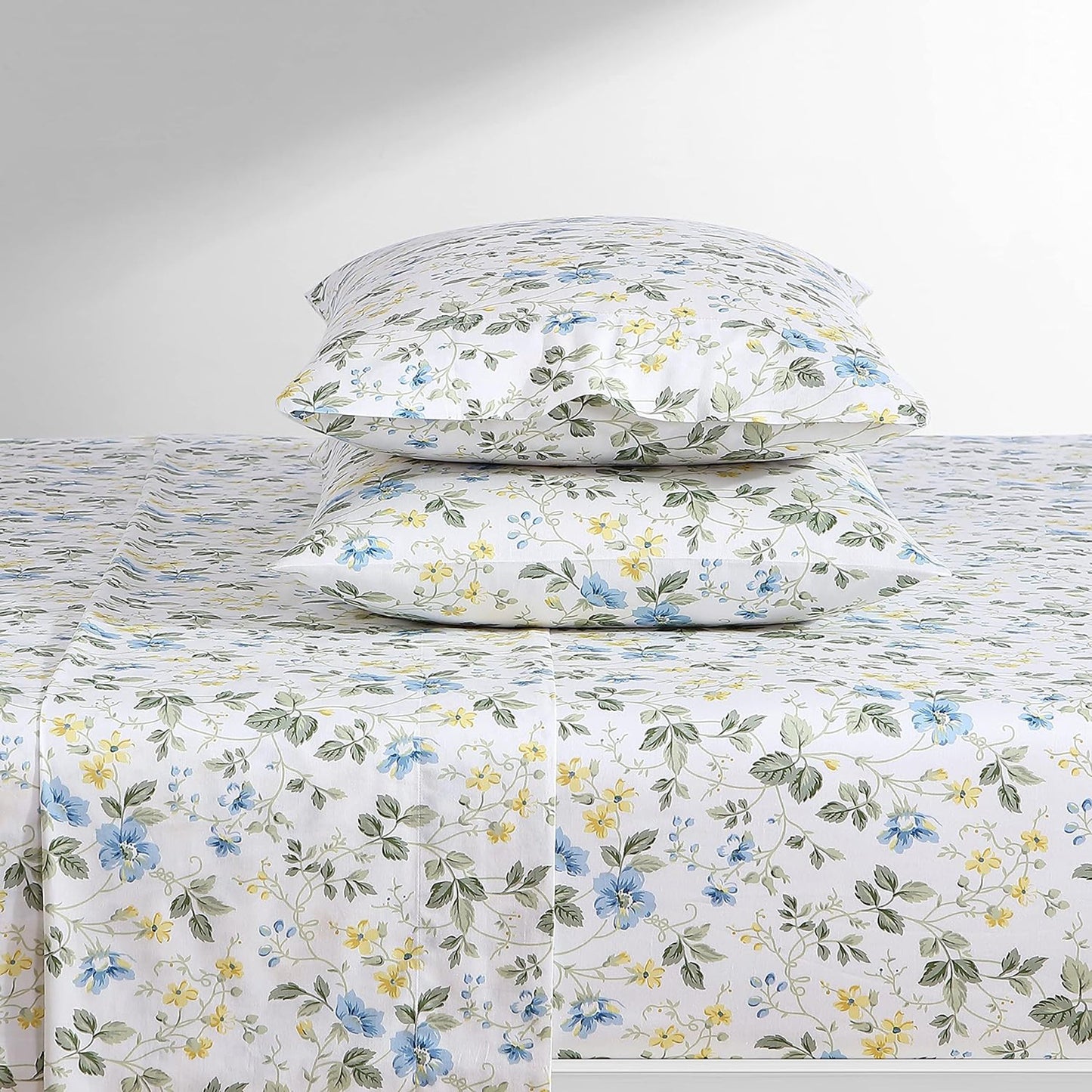 Soft Breathable Sateen Cotton Bedding Sheet Set - Meadow Floral Blue