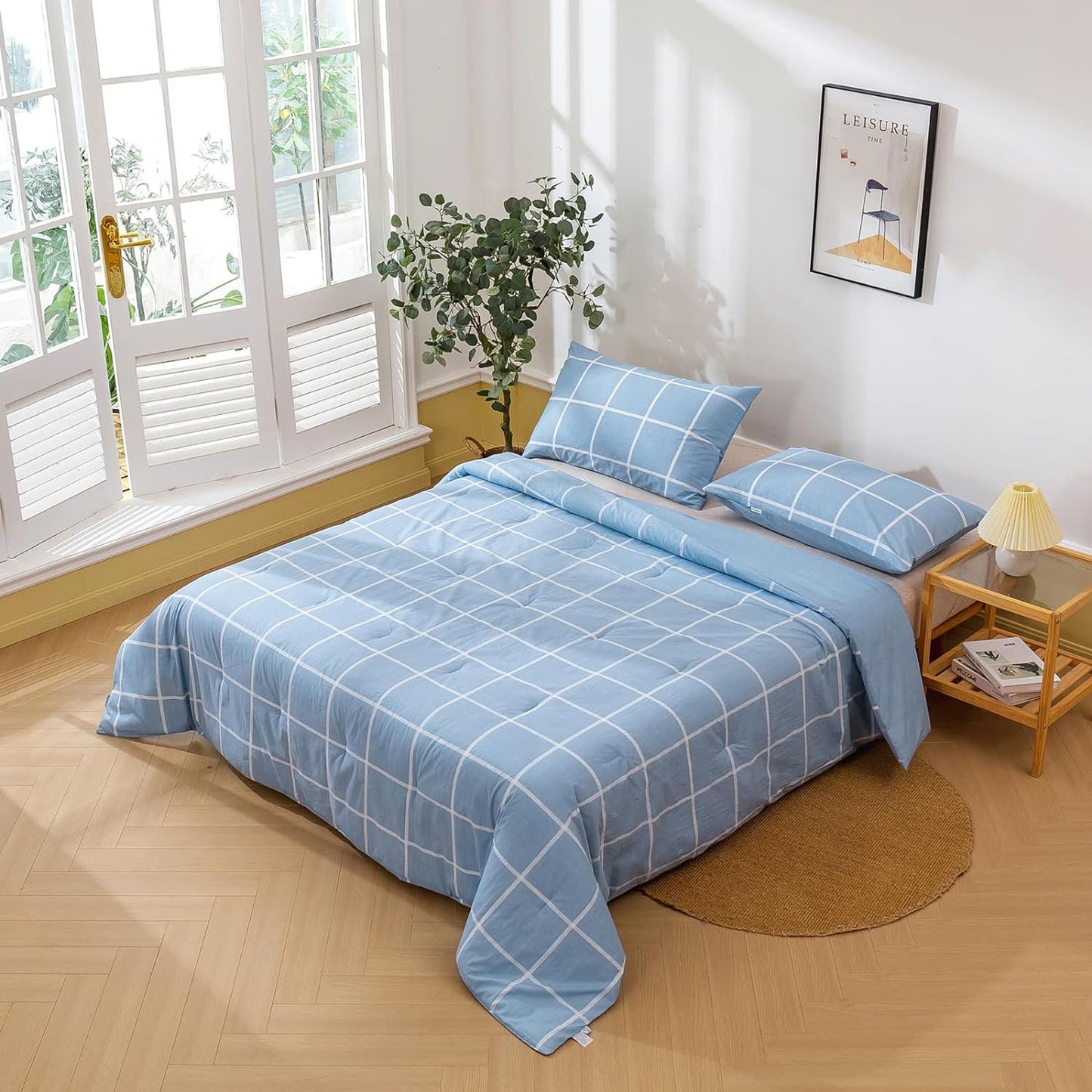 225TC Soft and Cozy Hypoallergenic Cotton Washed Quilt Cover Set - Checkered Blue