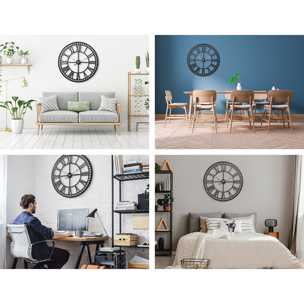 80CM Large Wall Clock Roman Numerals Round Metal Luxury Home Decor Black