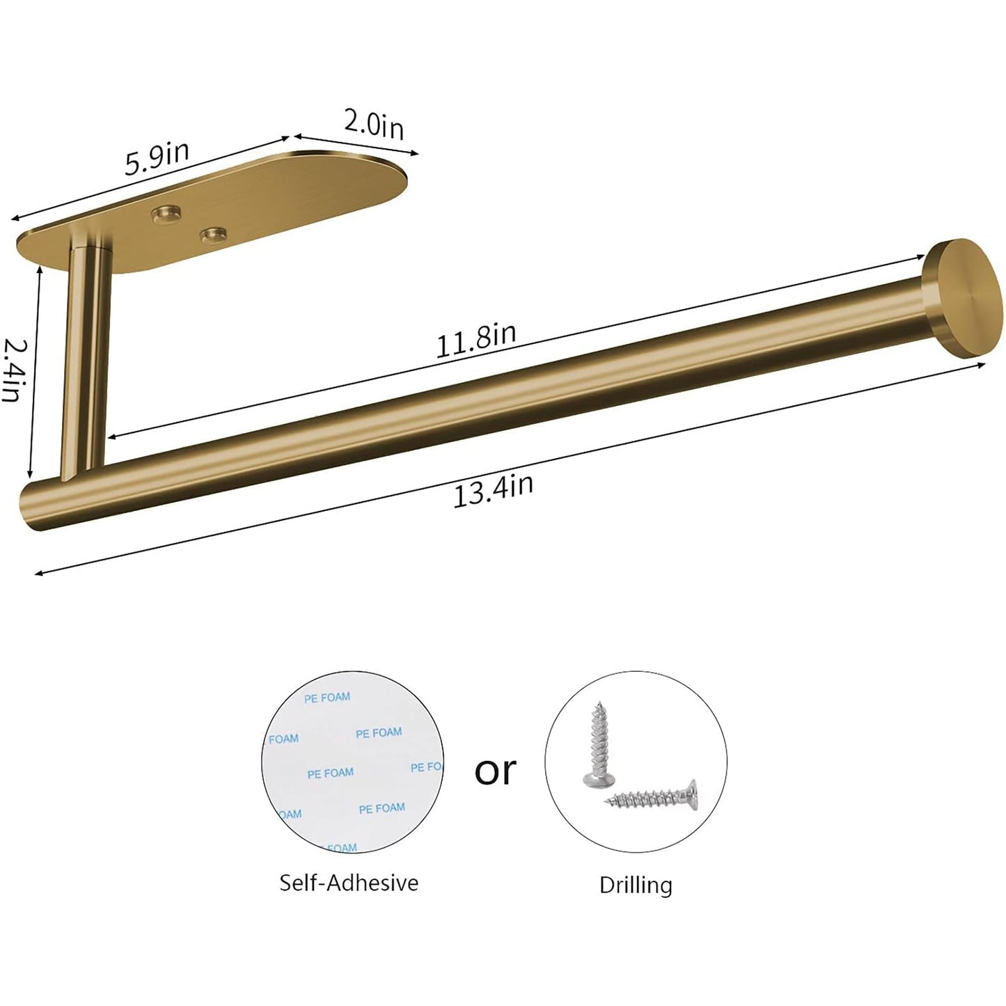 Stainless Steel Paper Tower Holder Self Adhesive or Drilling 13.4 Inch - Gold