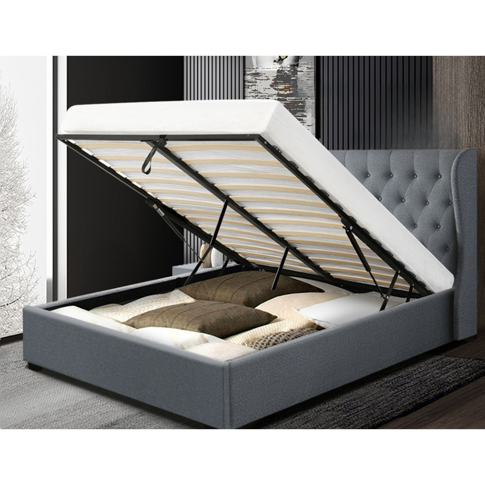 Bed Frame Fabric Gas Lift Storage - Grey King