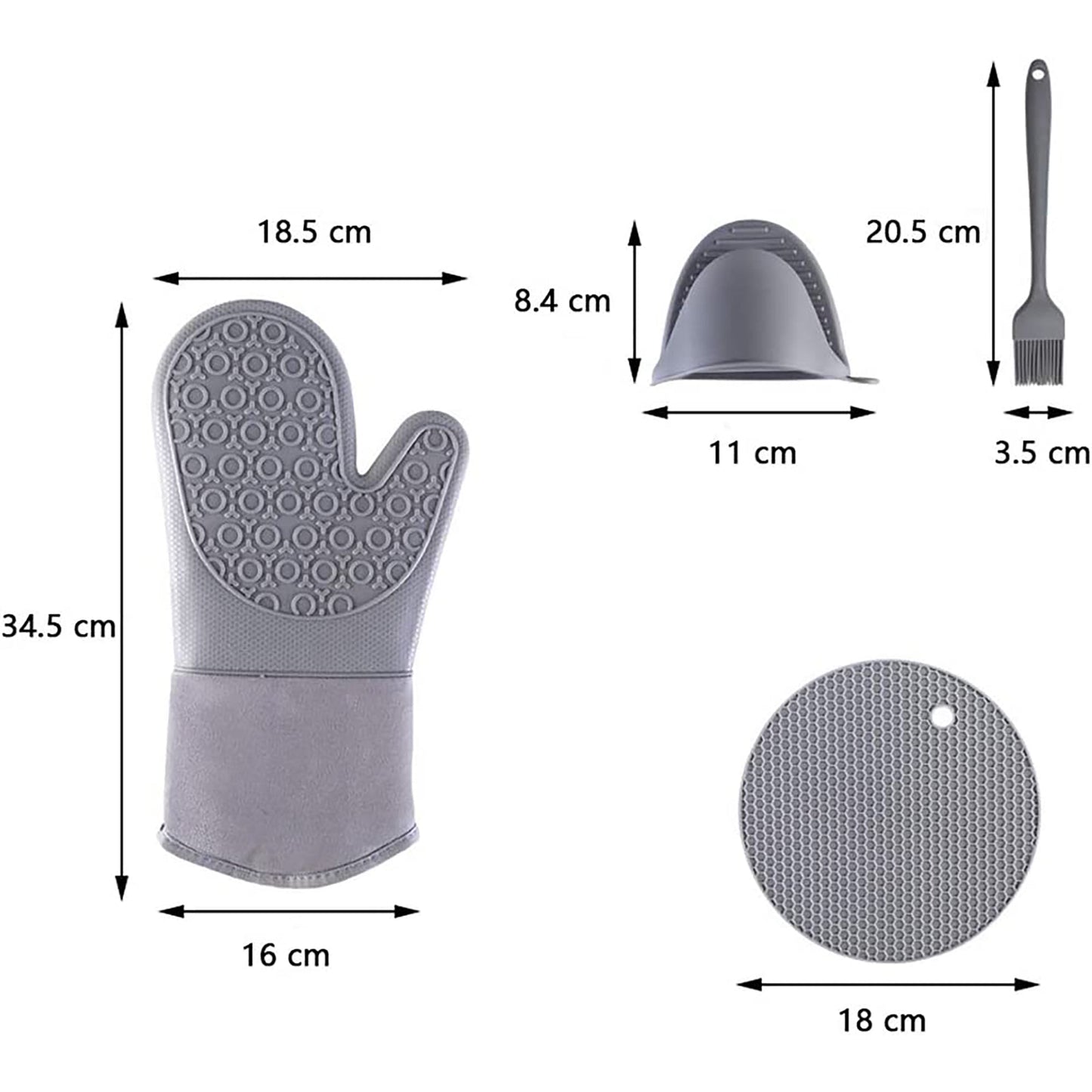 Non-Slip Heat Resistant Oven Mittens with 2 Mini Oven Gloves Pinch 2 Pot Holders and Brush - Grey