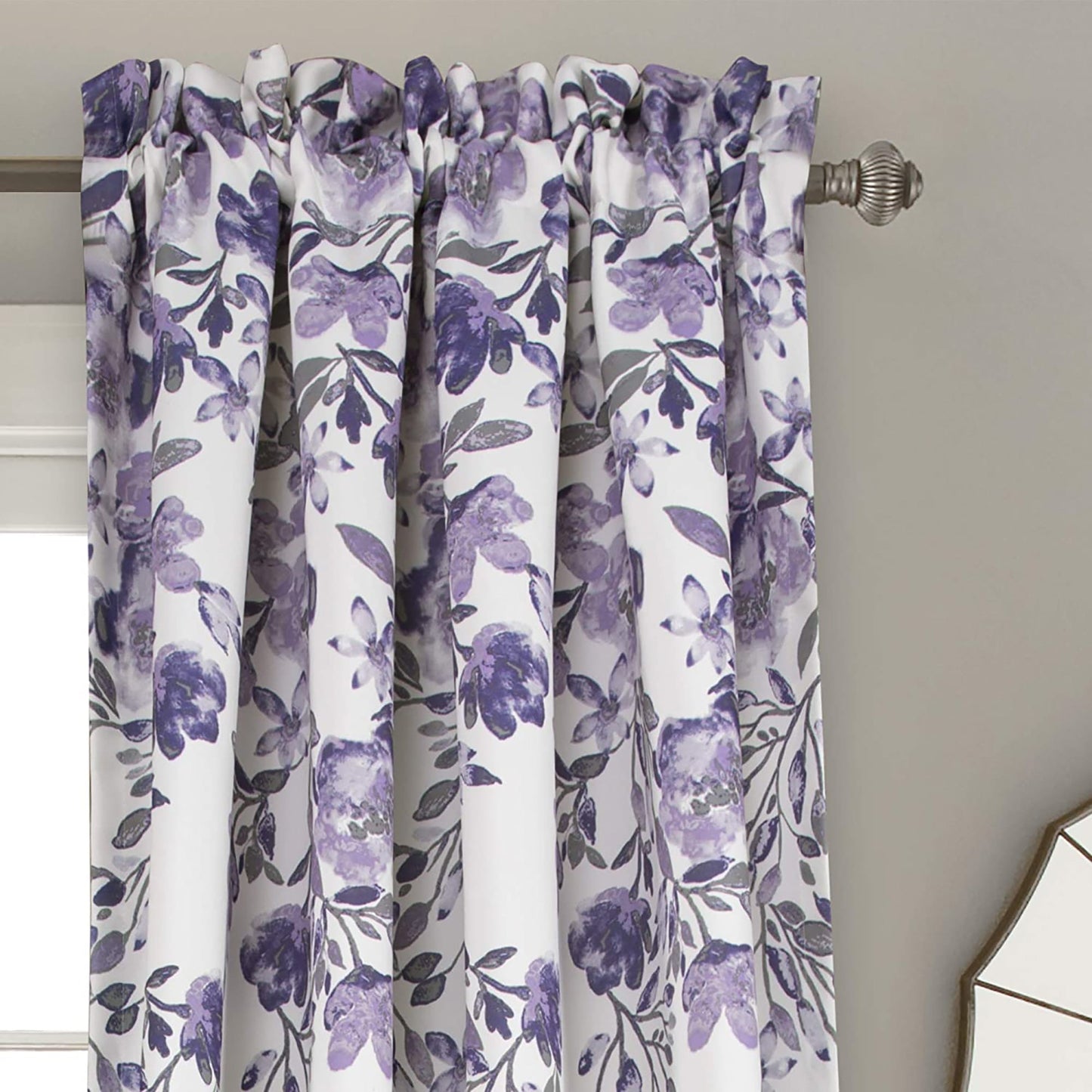 Room Darkening Floral Vine Print Window Panel Set 84 x 52 inch - Purple and Grey