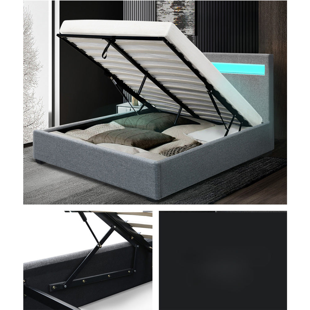 LED Bed Frame Fabric Gas Lift Storage - Grey Double