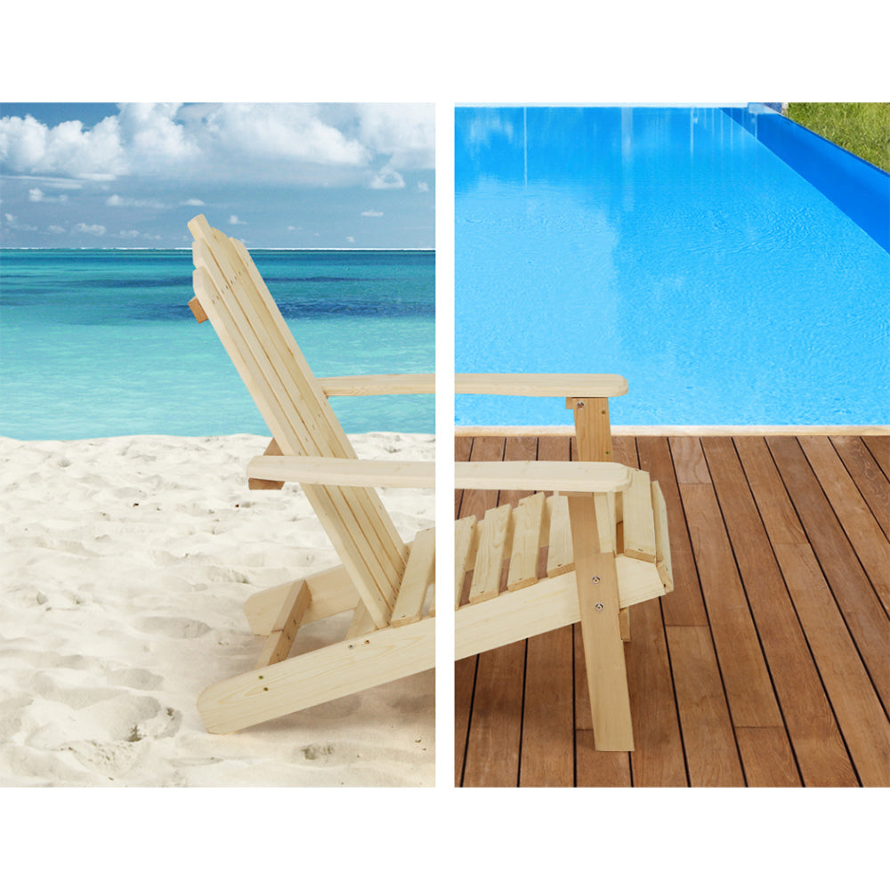 Outdoor Sun Lounge Beach Wooden Adirondack Patio Chair Table - Natural Wood
