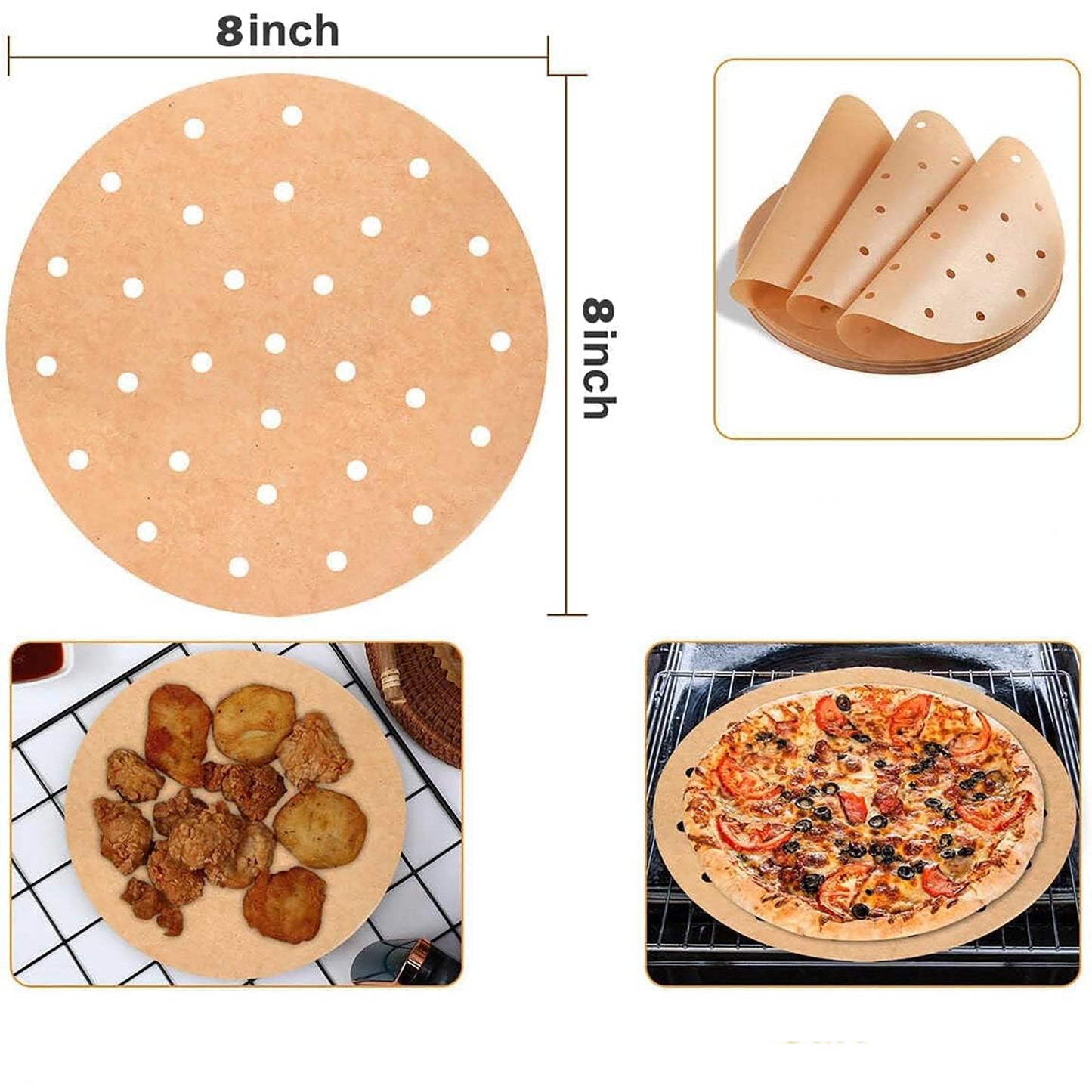 Perforated Circle Disposable Air Fryer Liners 8 Inch 200 Pcs - Brown