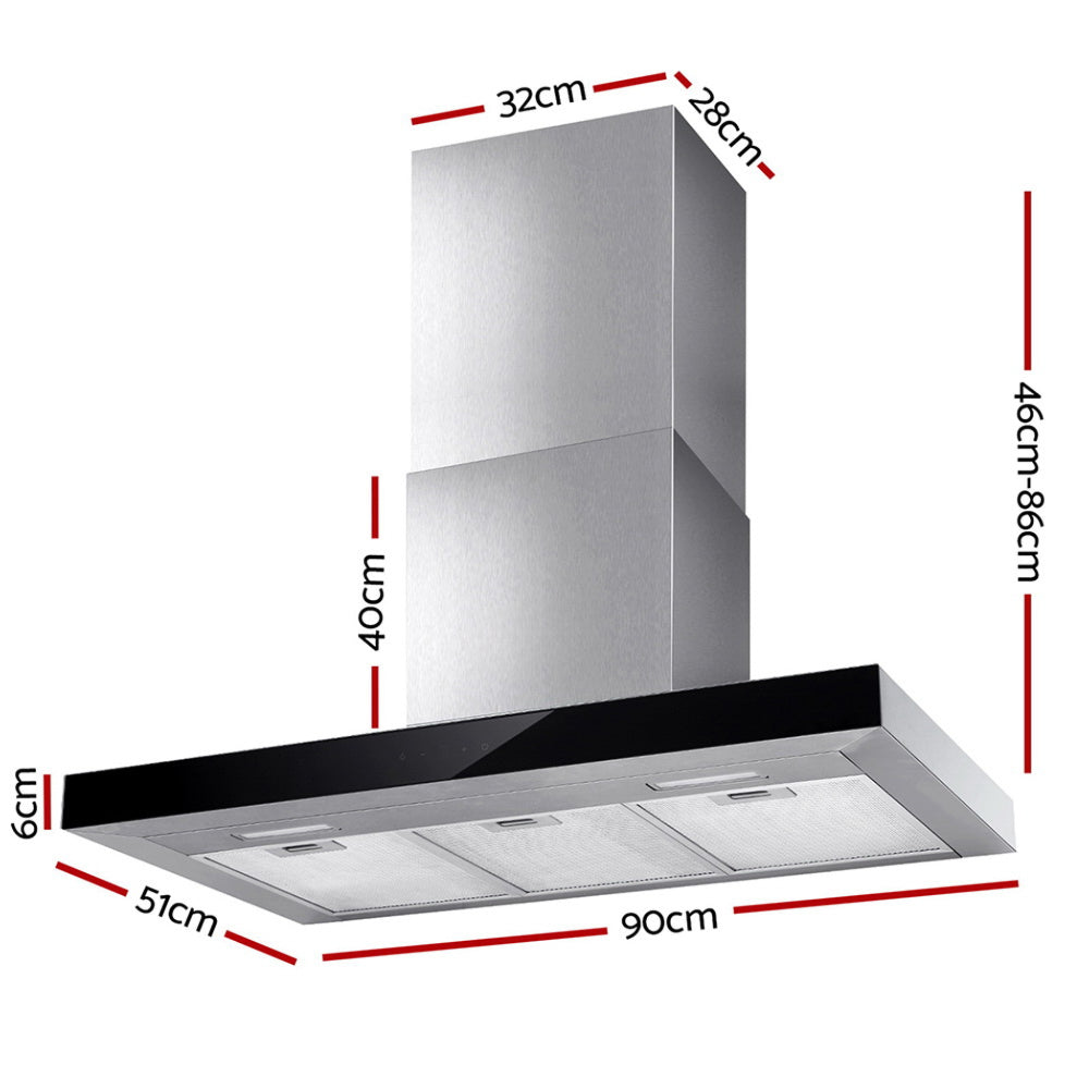 900mm Rangehood 90cm Stainless Steel Glass Kitchen Canopy Black