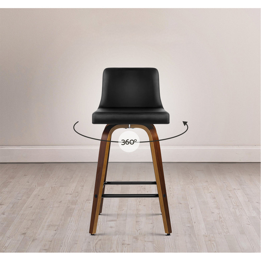 Set of 2 Wooden PU Leather Bar Stool - Black and Brown Wood Legs