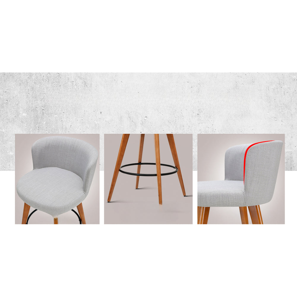 Set of 2 Wooden Fabric Bar Stools Circular Footrest - Light Grey