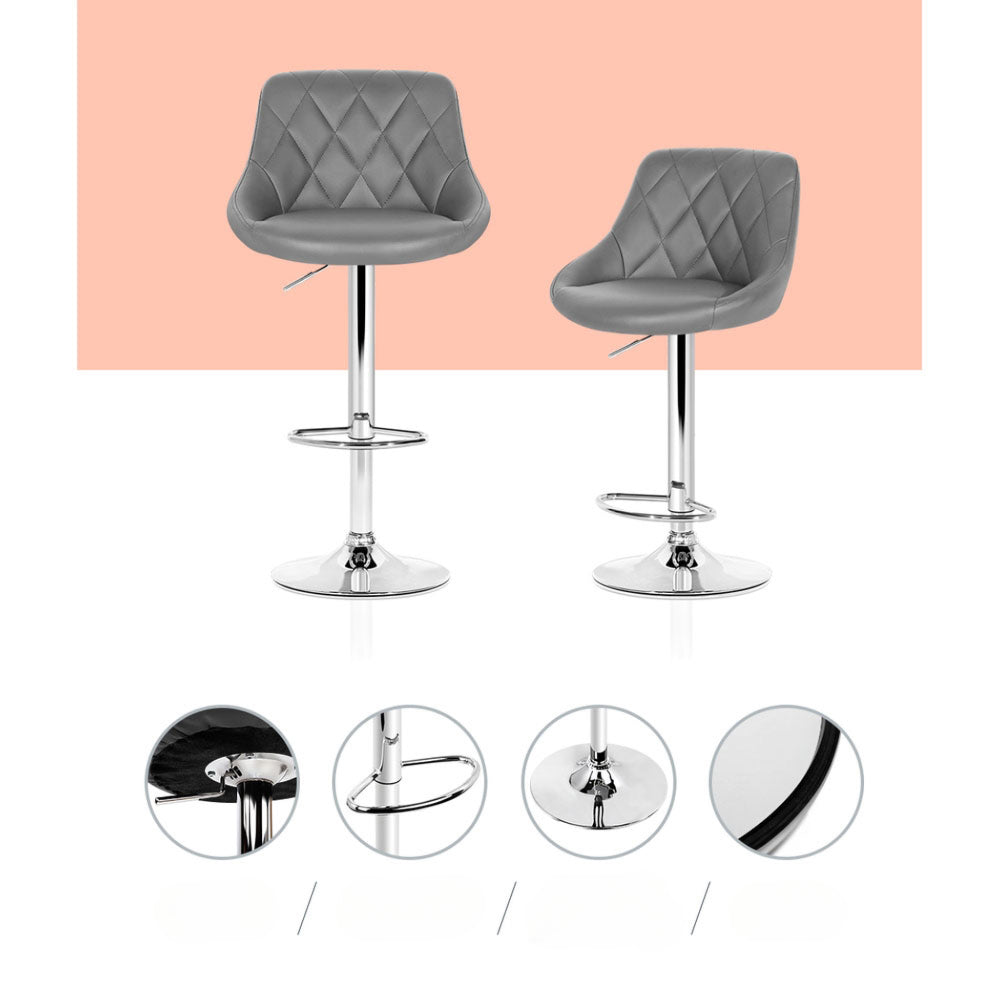 Set of 4 Bar Stools PU Leather Diamond Style - Grey