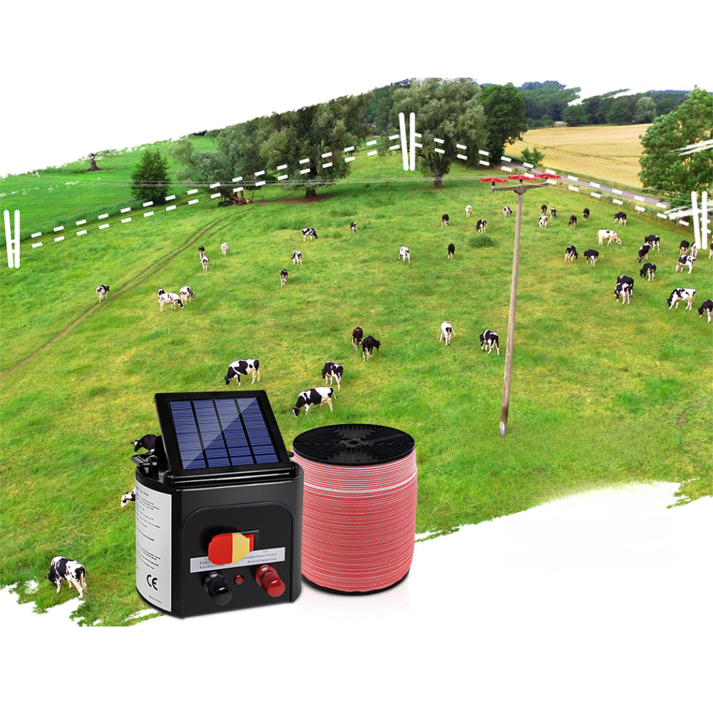 Electric Fence Energiser Set Solar Powered Energizer Red and White - 8km