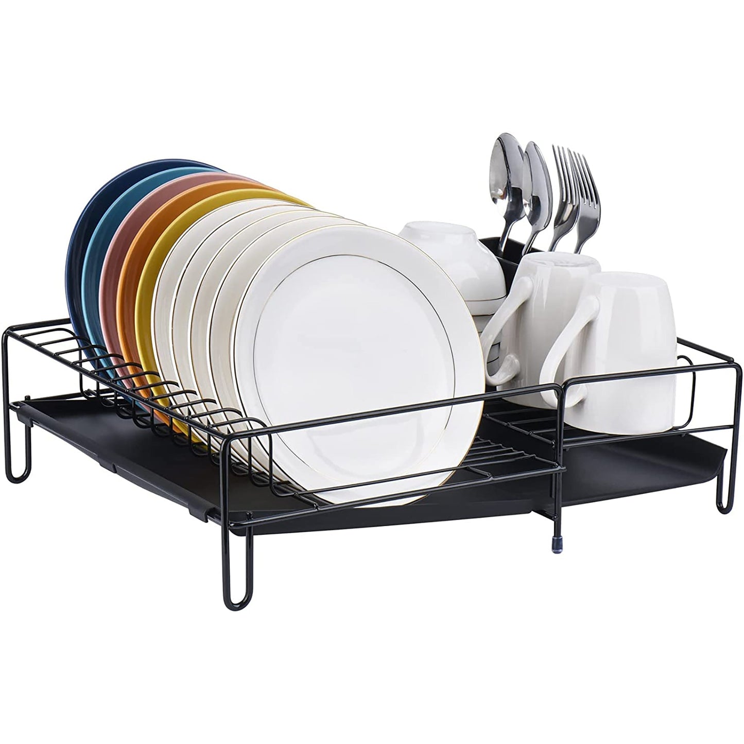 Dish Drying Rack with Drip Tray Cutlery Holder Swivel Draining Spout for Kitchen Countertop - Black
