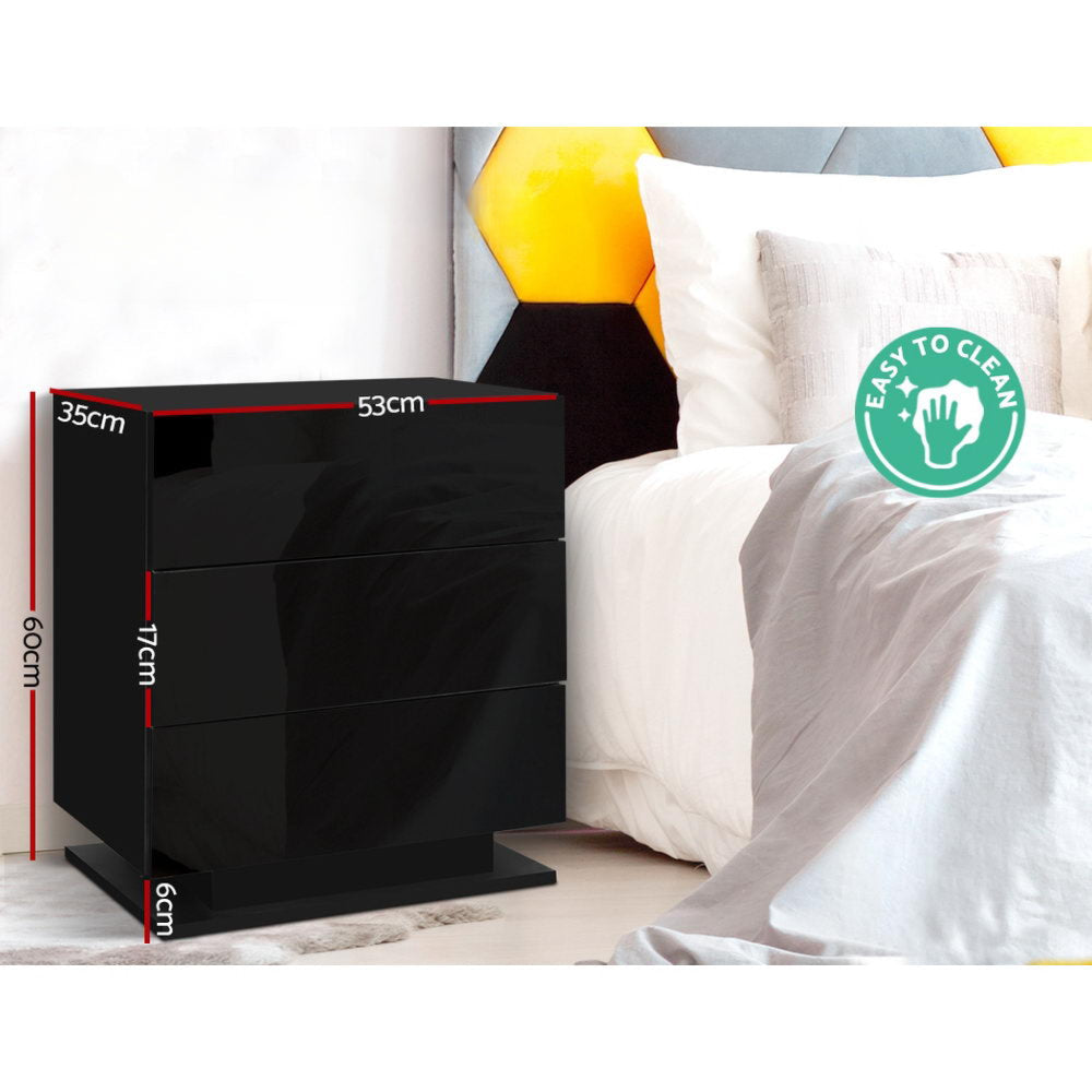 Bedside Tables Side Table RGB LED Lamp 3 Drawers Nightstand Gloss Black