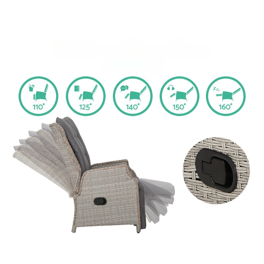 Recliner Chairs Outdoor Patio Wicker Lounge Sofa Set of 2 - Grey