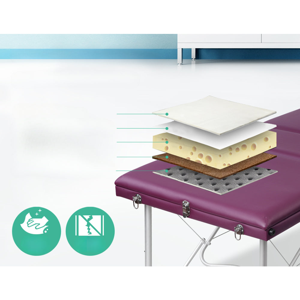 3 Fold Portable Aluminium Massage Table Massage Bed Beauty Therapy Purple 75cm