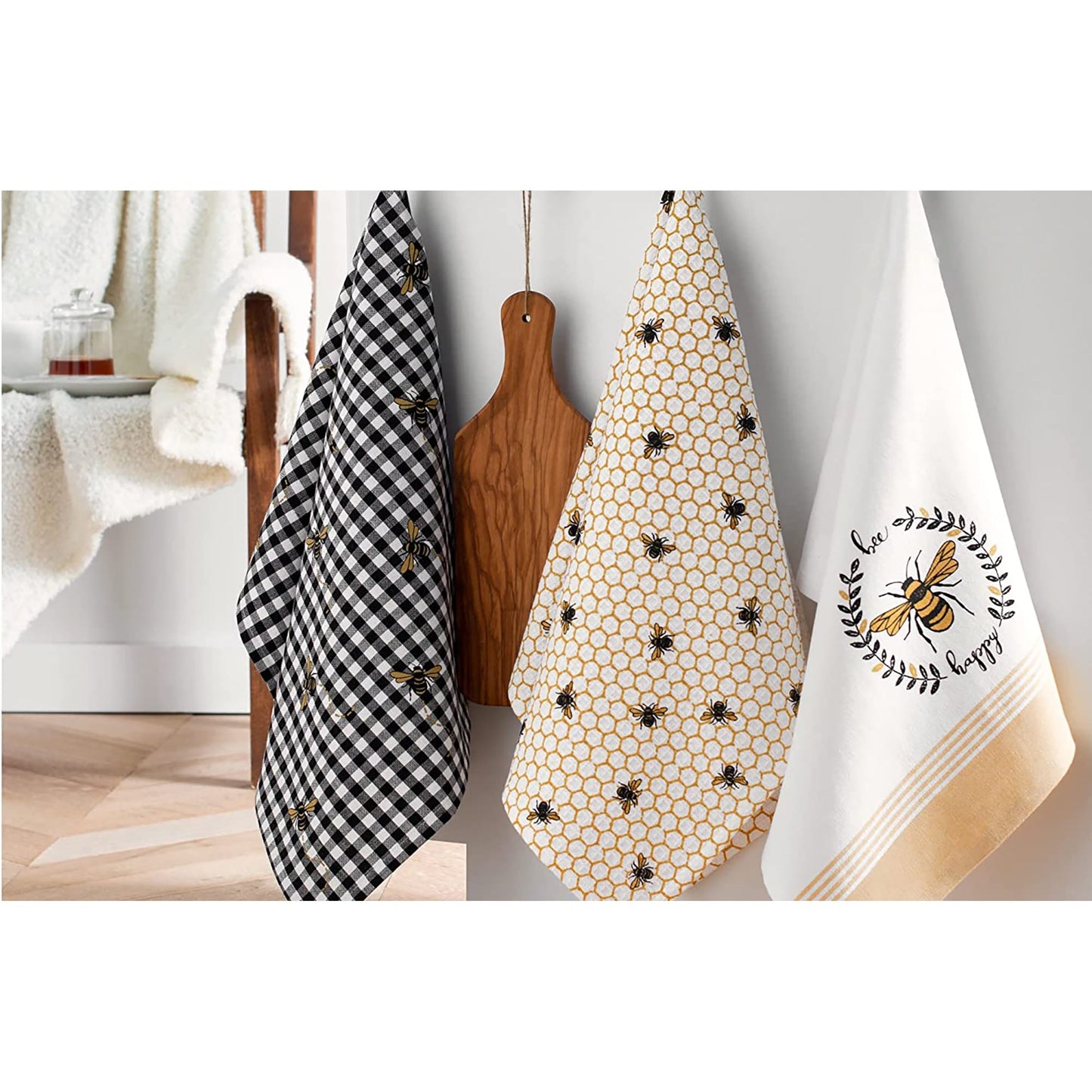 Kitchen Bee Honeycomb Absorbent Hand Towels 3 Pcs 18x28 Inches - Yellow and Black