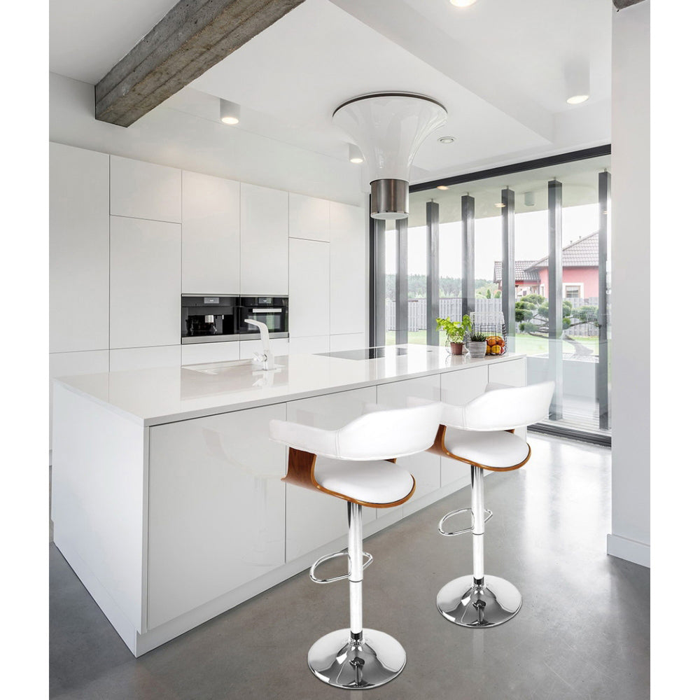Set of 2 Wooden PU Leather Bar Stool - White and Chrome