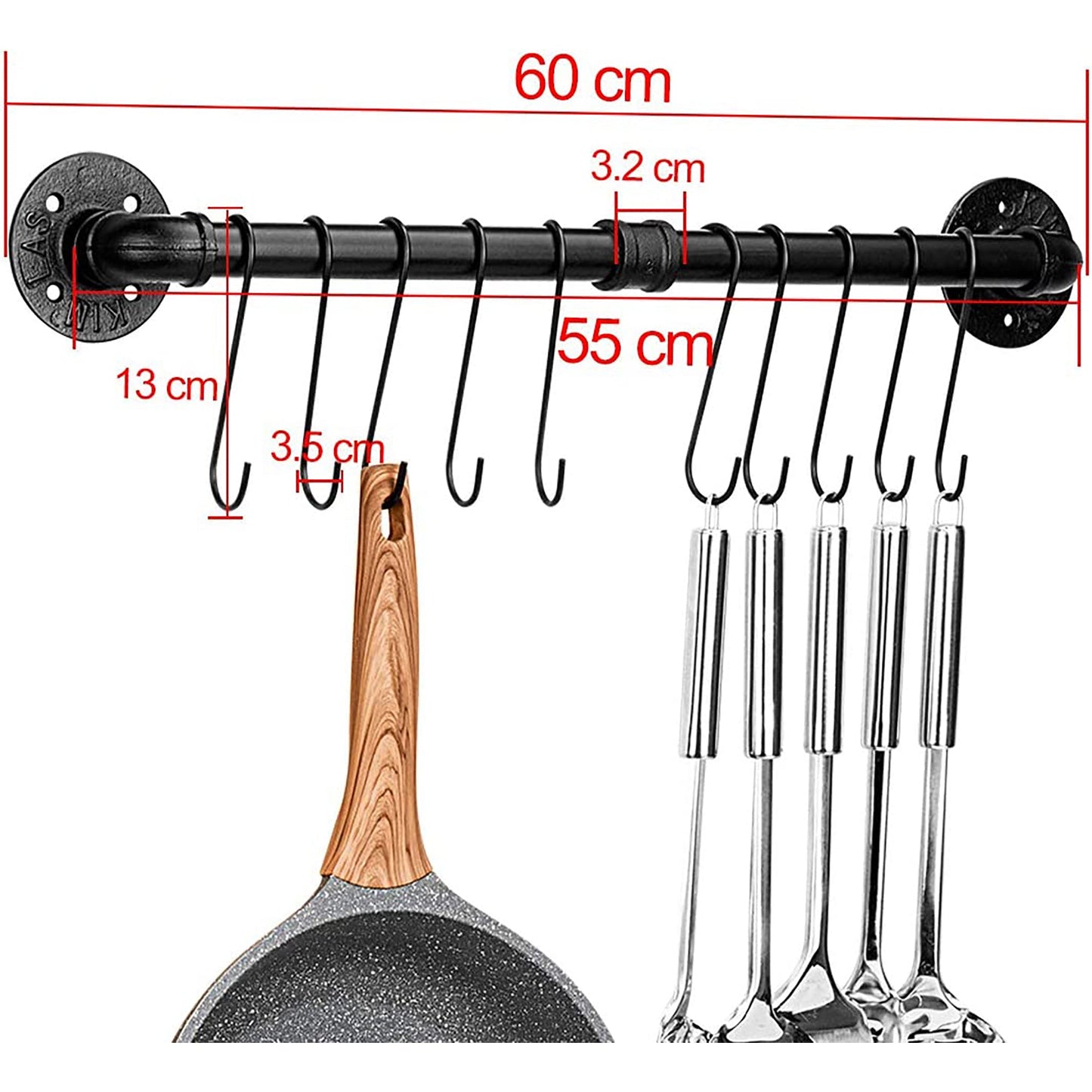 Kitchen Wall Mounted Detachable Organizer Hanging Rail with 10 Hooks 60 cm - Black