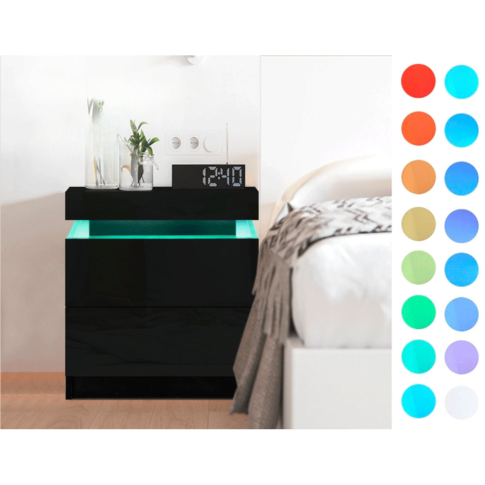Bedside Tables Side Table Drawers RGB LED High Gloss Nightstand Black