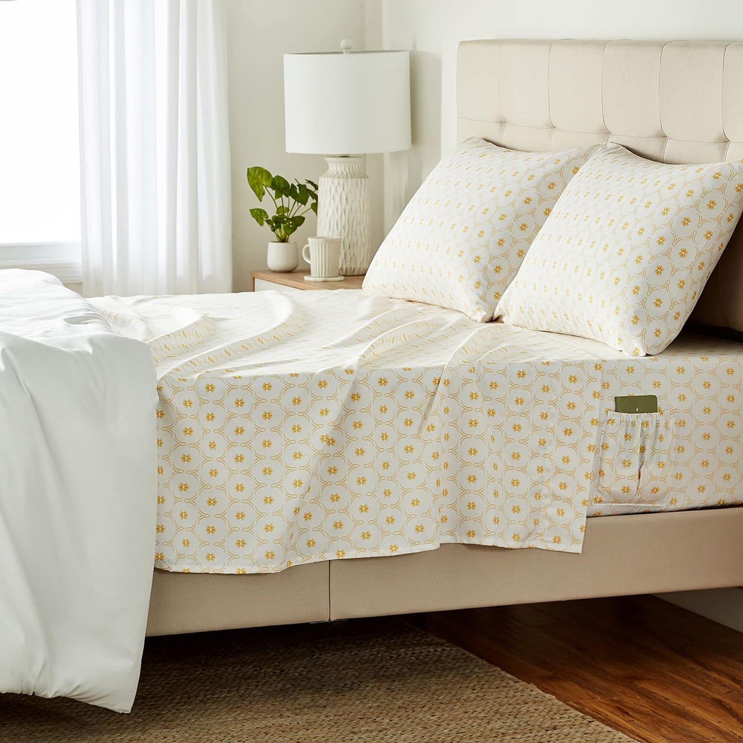 Soft Microfibre Bed Sheet Set with Elastic Pockets - Gold Blossom