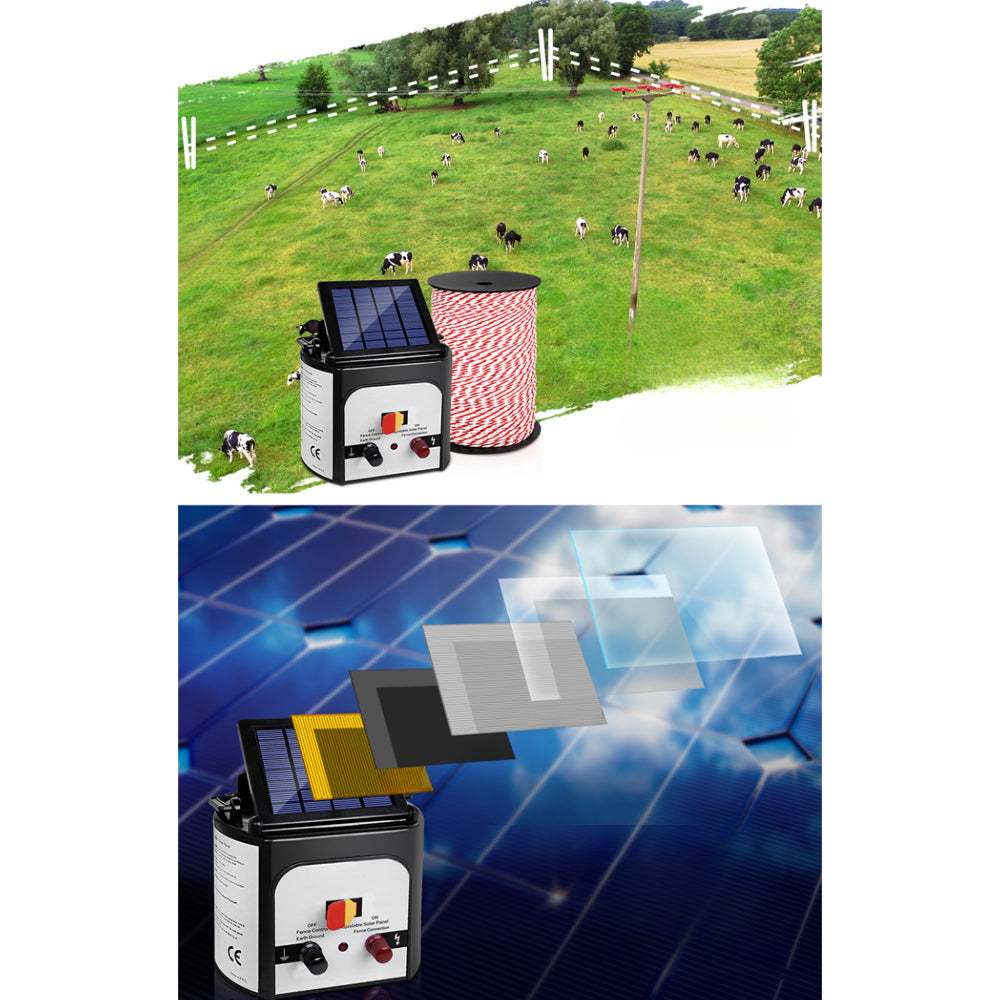 Electric Fence Energiser Solar Powered Charger Polytape Rope - 8km