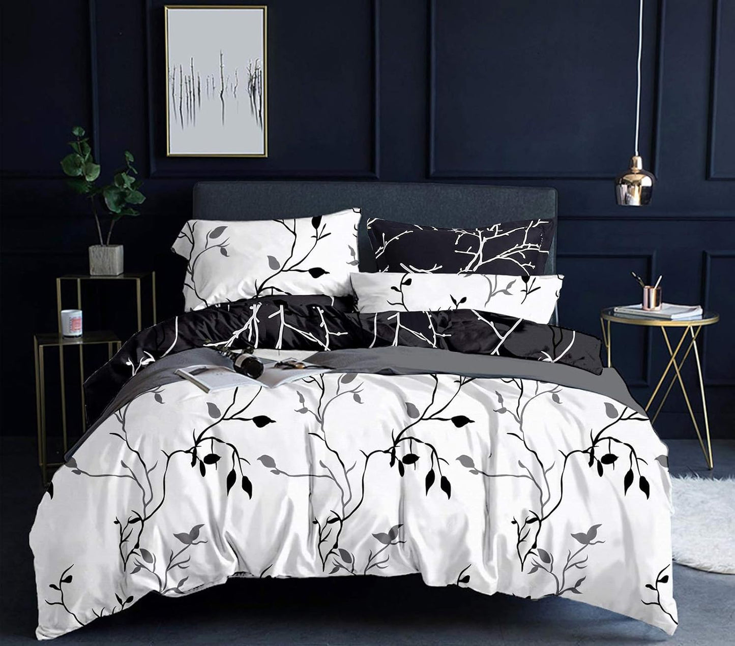 Polyester Reversible Quilt Cover Set - Tree Black and White
