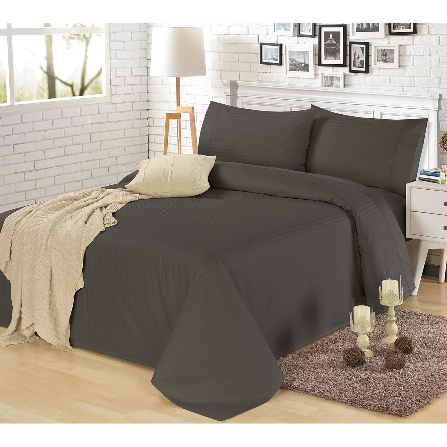 1200TC Egyptian Cotton Luxury Deep Pocket Bed Sheet Set - Charcoal Stripe