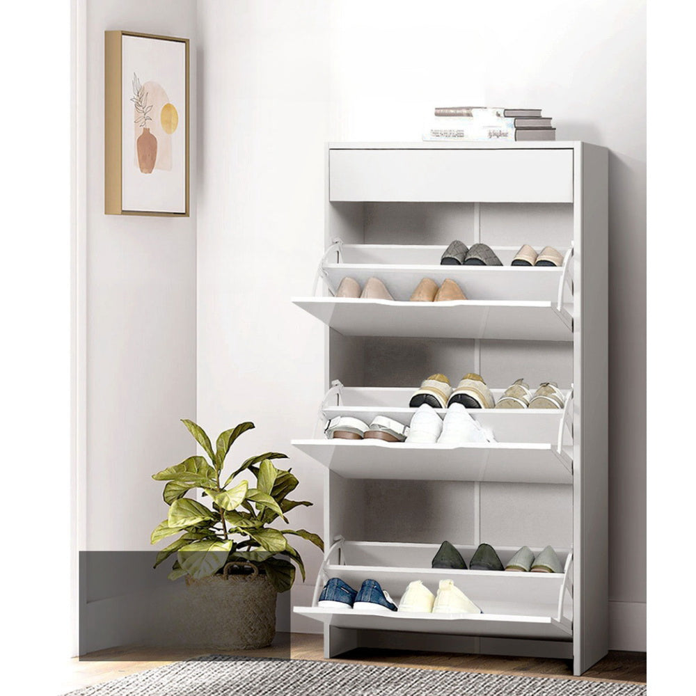 Shoe Cabinet 3 Tier Shoes Storage Drawer High Gloss White Rack Shelf