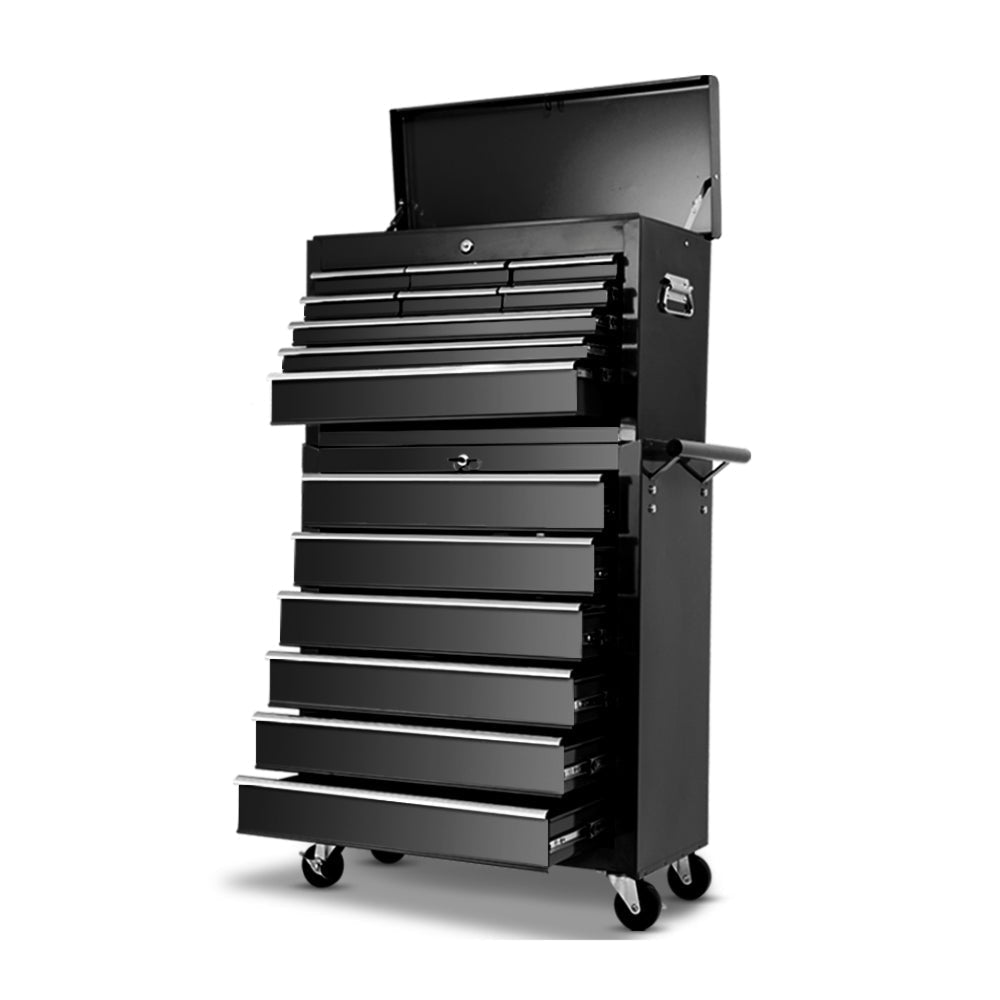 Cabinet Garage Tool Box Chest Trolley Storage Black - 15 Drawers