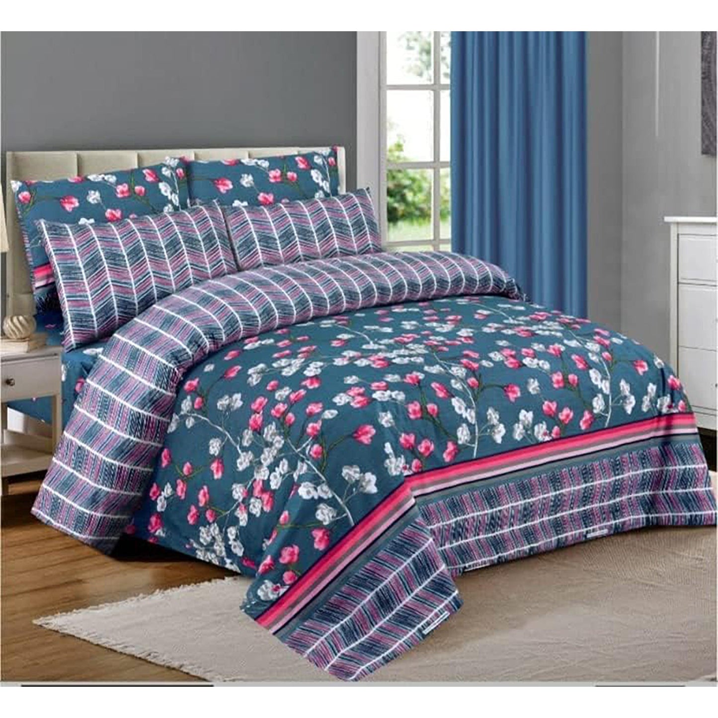 800 Thread Count Pure Cotton Printed Quilt Cover Set - Flowers Blue