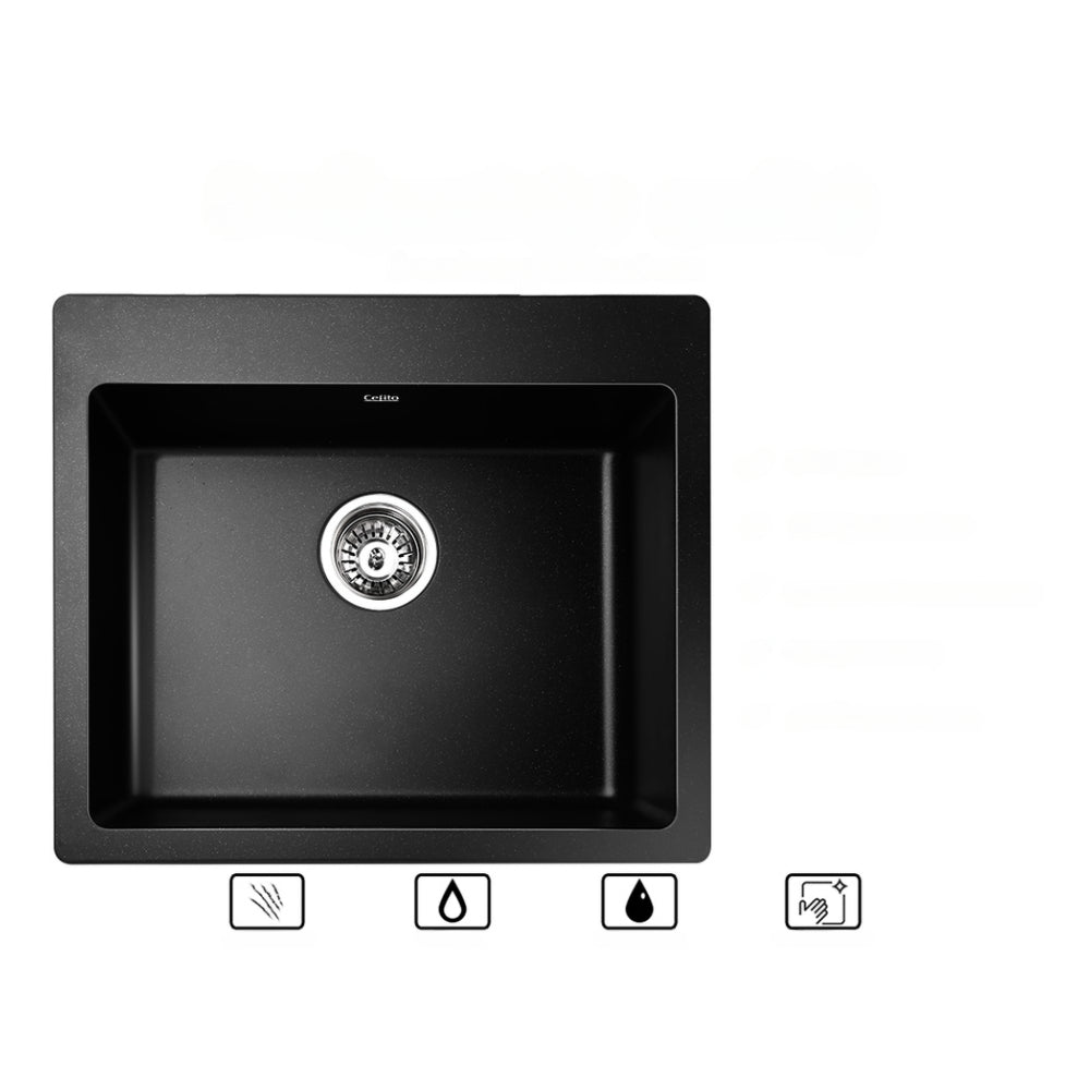 Stone Kitchen Sink 570x500MM Granite Under or Topmount Basin Bowl Laundry Black