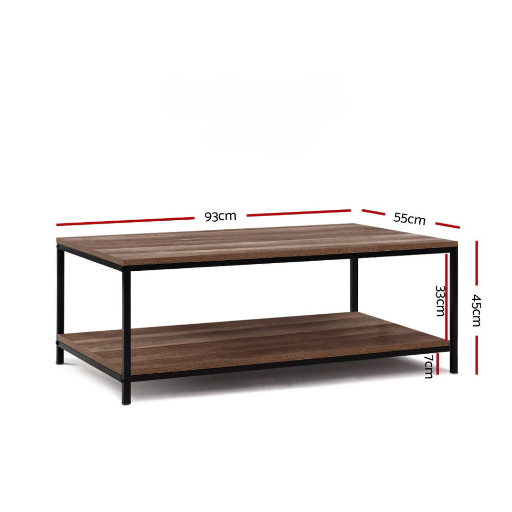 Coffee Table Wooden Rustic Vintage Storage Shelf Metal Frame Black