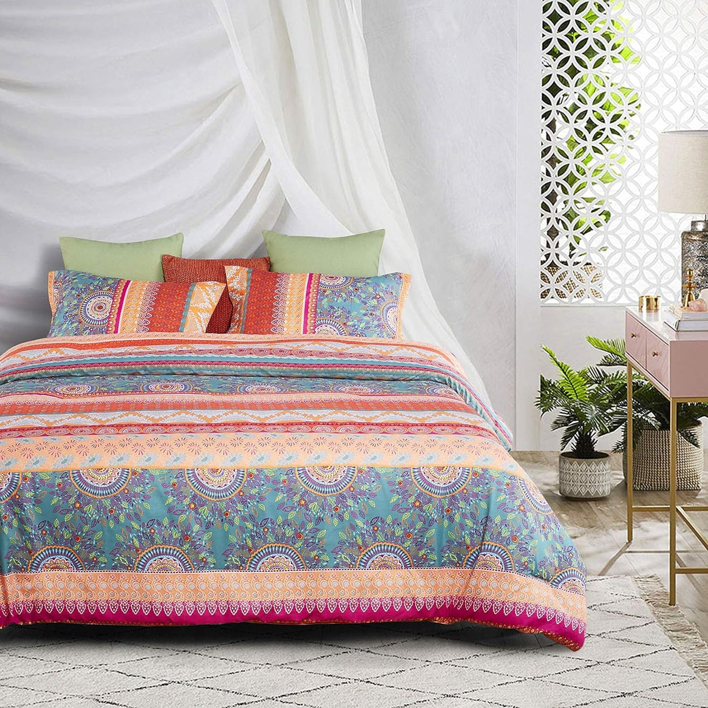 Soft Microfibre Bohemian Mandala Pattern Printed Quilt Cover Set - Orange Coral